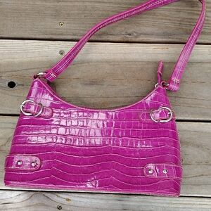 Vibrant Pink Crocodile-Embossed Shoulder Bag